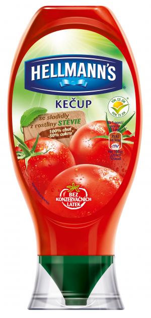 Hellmann´s Kečup jemný se sladidly z rostliny stévie, se sníženým obsahem cukru. 450 g