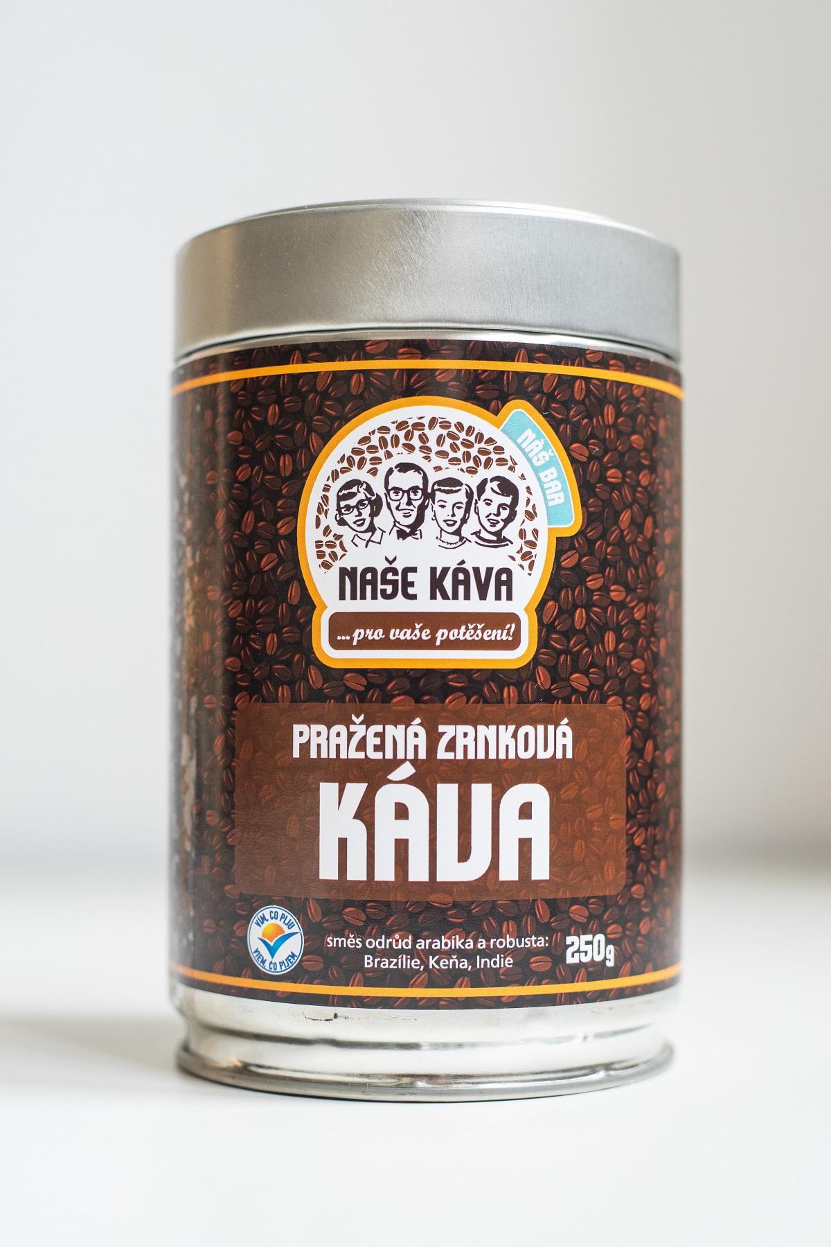 Naše káva - Pražená zrnková káva, dóza 250 g